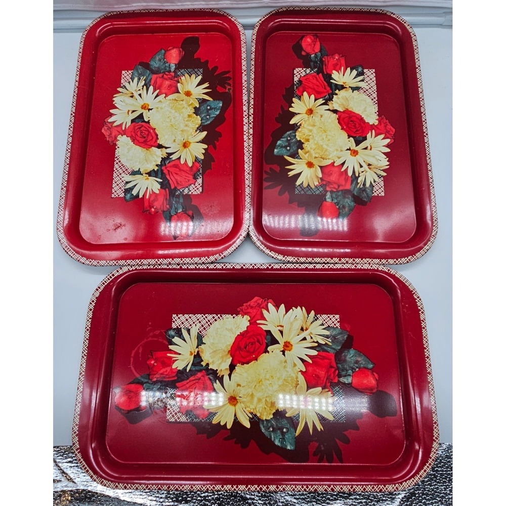 Vintage Red Floral Metal Serving Trays Set of 3 Roses Daisies Retro Kitchen 11.5